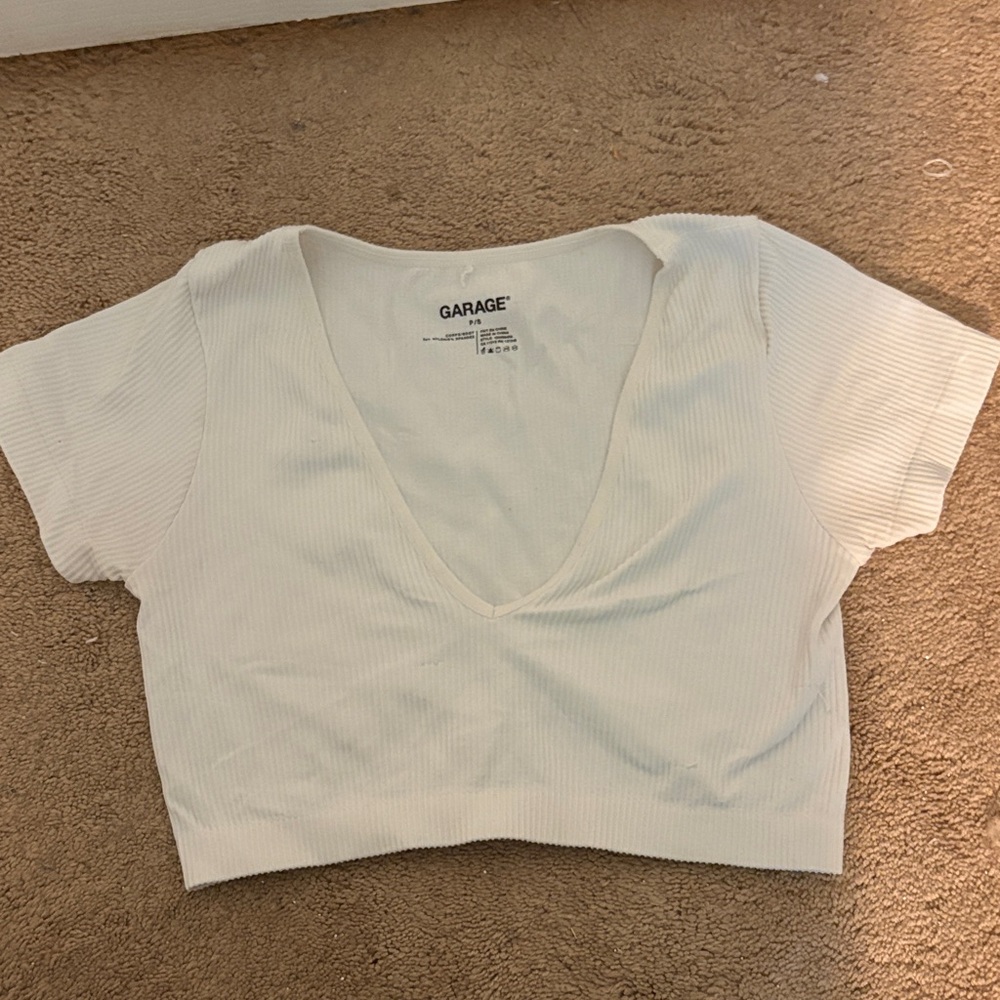 Garage Cream Ribbed V-Neck Crop Top